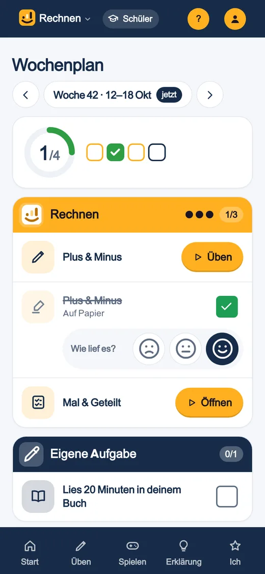 Der Wochenplan auf dem Handy: die Aufgaben pro Fach, mit Häkchen und Smileys.